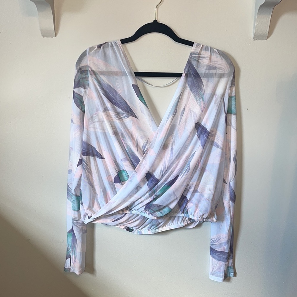 Fabletics Treva Long-Sleeve Mesh Surplice Draped Feather Top